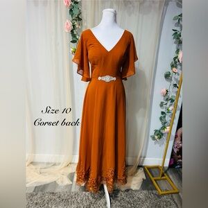 Chic Rust Maxi Dress with Embellished Waist and embroidered bottom